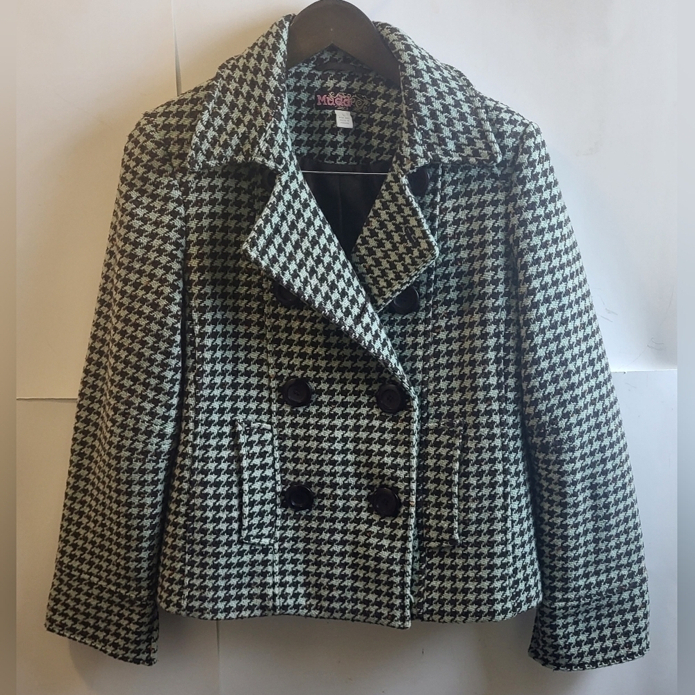 Mudd Hounds Toothe Double Breasted‎ Women's Blazer, Green/Brown Size L